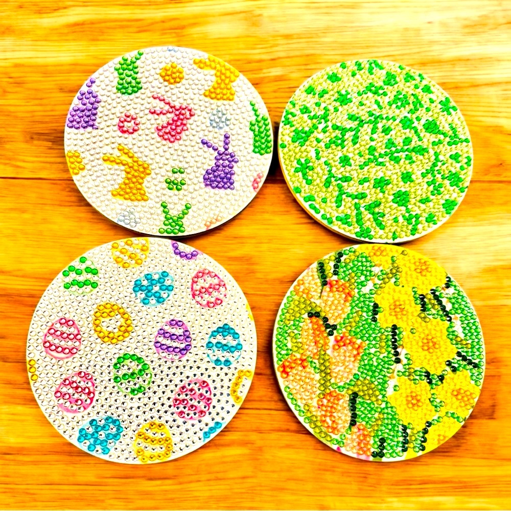 Colorful Easter Coaster Set of 4 w/Holder, Hand Crafted Diamond Art NWT